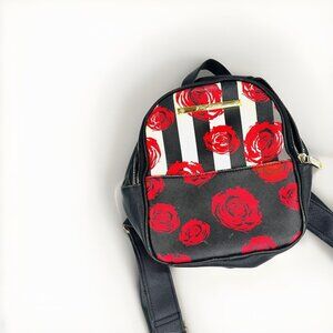 Betsey Johnson Mini Convertible Backpack Floral Roses Black White Stripes